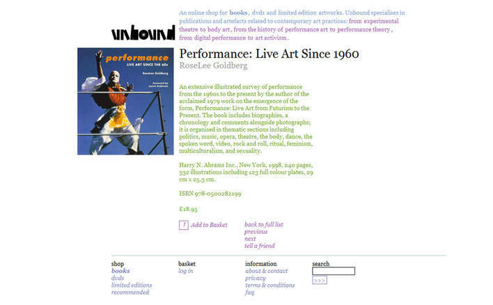 A book page for Unbound Live Art Development Agency's ecommerce site built by Platform3